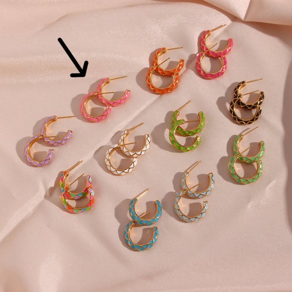 Light‎ Pink Enamel Geometric Pattern Hoop Earrings 18K Gold Plated Stainless - Picture 9 of 11